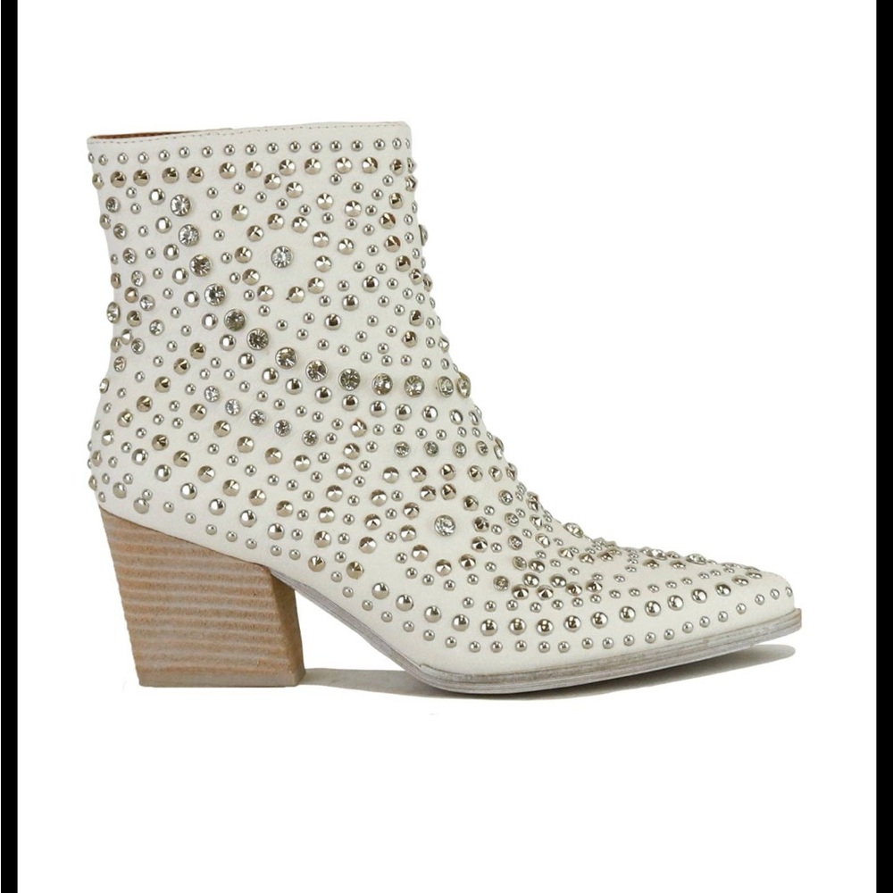 BEAST FASHION White Studded Leather Ankle Bootie with Stacked Wood Heel